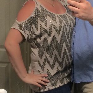 INC Tan Chevron Sequin Printed Cold Shoulder Top